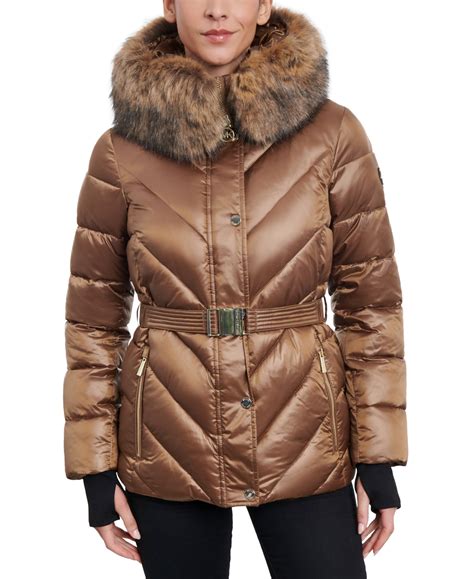 michael michael kors women's belted faux-fur-trim hooded puffer coat|Belted Puffer Coat .